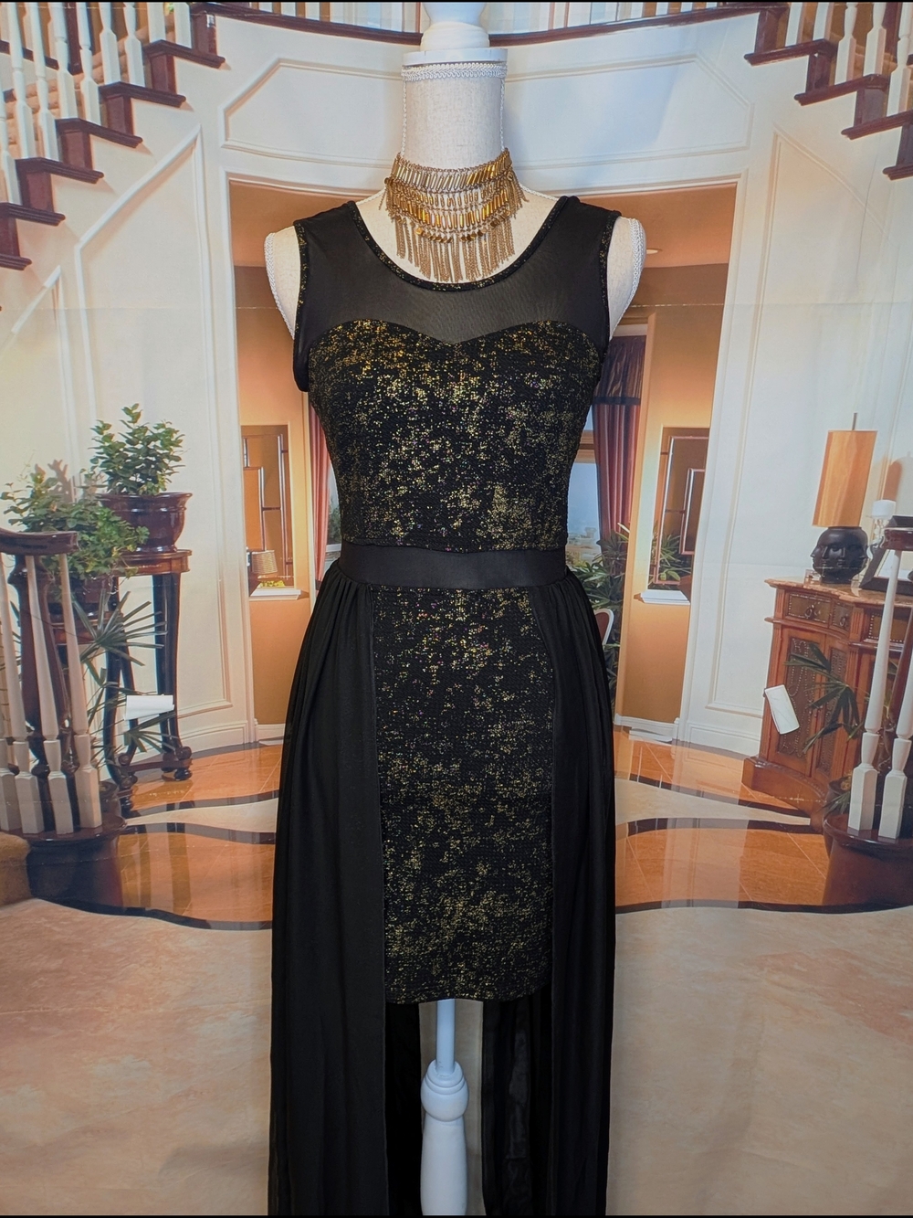 Black & Gold Sparkle High-Low Mini Dress Medium Juniors